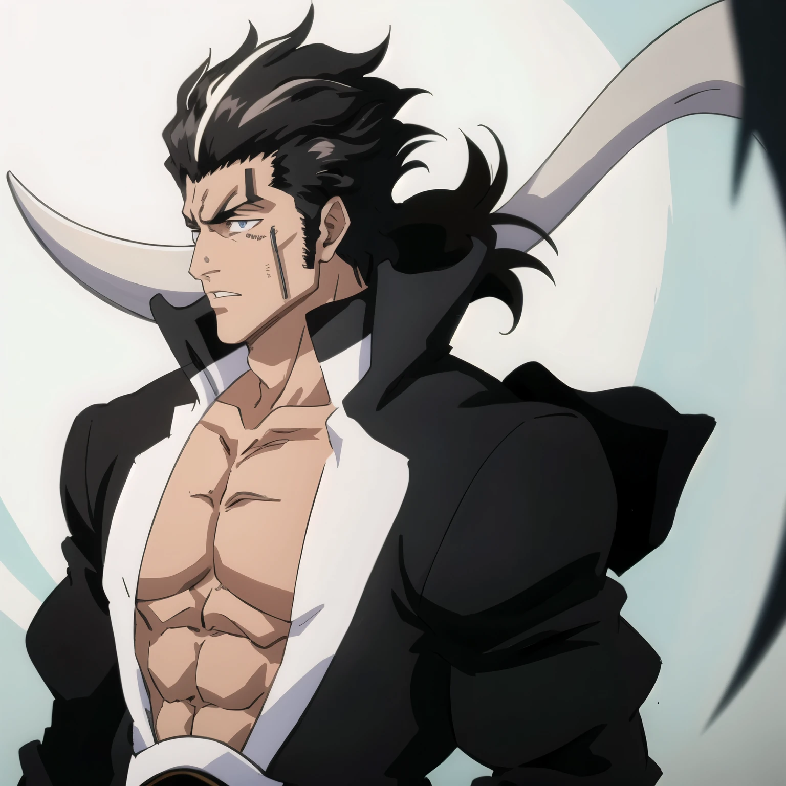 1male, solo, arrancar, massive hulking muscles, small tuft of hair on head, dark eyes, black hair 