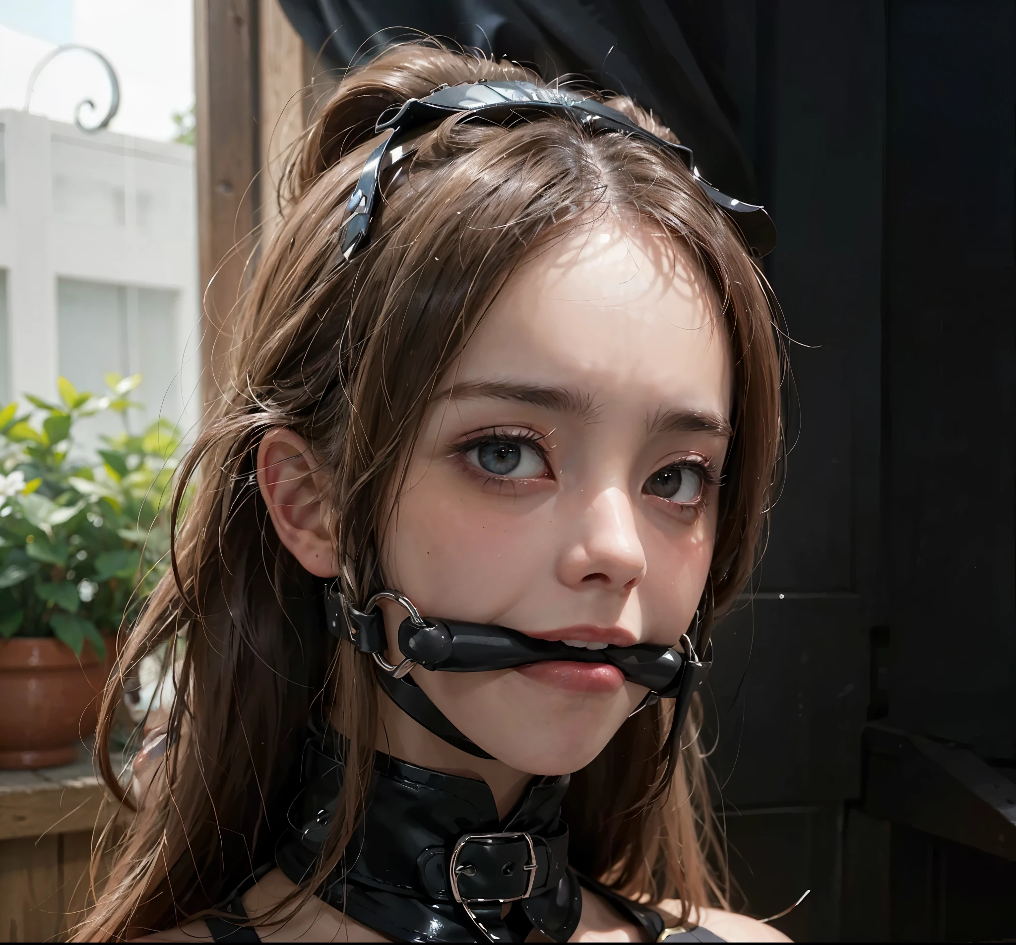 (masterpiece), (best quality), (ultra-detailed), (realistic, photo-realistic:1.2), woman,beauty,collar,ponygirl,bit gag,blush,embarrassed look,