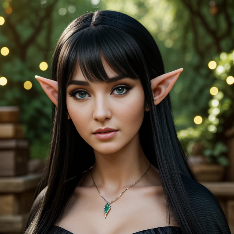 1 female elf with, pretty face, 35 years old, Ultra detailed face and eyes, hyperrealistic, realistic representation, wearing a long black elf dress, dancing through an elf village, full body, She has long black hair
