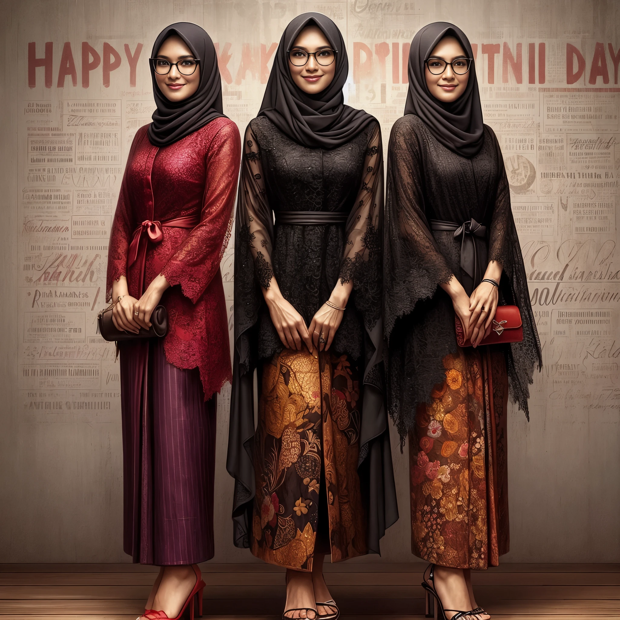 three women in hijabs stand in front of a happy jannahnahh day poster, inspired by Rudy Siswanto, by Abidin Dino, inspired by Fathi Hassan, inspired by Nazmi Ziya Güran, by Rudy Siswanto, style of ade santora, inspired by Basuki Abdullah, inspired by Shaddy Safadi