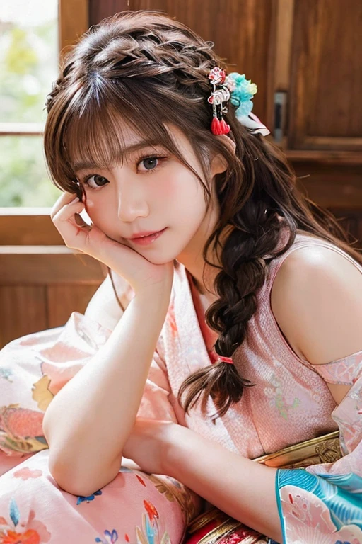 (Best image quality)、Ultra-Realistic Capture、19-year-old Japanese woman、Highly detailed eye resolution、cute、Semi-long hair、With bangs、Braided、shrine、Natural light、Translucent white skin、The side of my hair is hanging over my cheek、hair ornaments、Duck mouth、kimono