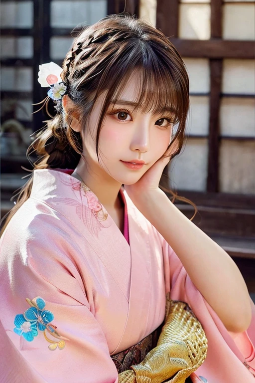 (Best image quality)、Ultra-Realistic Capture、19-year-old Japanese woman、Highly detailed eye resolution、cute、Semi-long hair、With bangs、Braided、shrine、Natural light、Translucent white skin、The side of my hair is hanging over my cheek、hair ornaments、Duck mouth、kimono