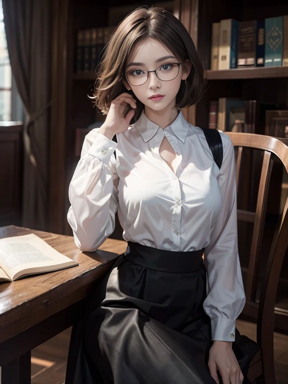 (Realistic、High resolution:1.3),alone, One Girl, masterpiece, highest quality, Very detailed, Cinema Lighting, Intricate details, High resolution, Official Art, Beautifully detailed face and eyes, High resolutionのイラスト, 8k, (Short Bob Hair), Ash Brown Hair:1.3, Very thin body, ((Long skirt、Black blouse :1.3)) 、Single Blade, blue eyes, Glasses, Conceit, Sit on a chair, Upper Body, Big Breasts, White shirt, Book_stack, library, ((vine)), Looking at the audience