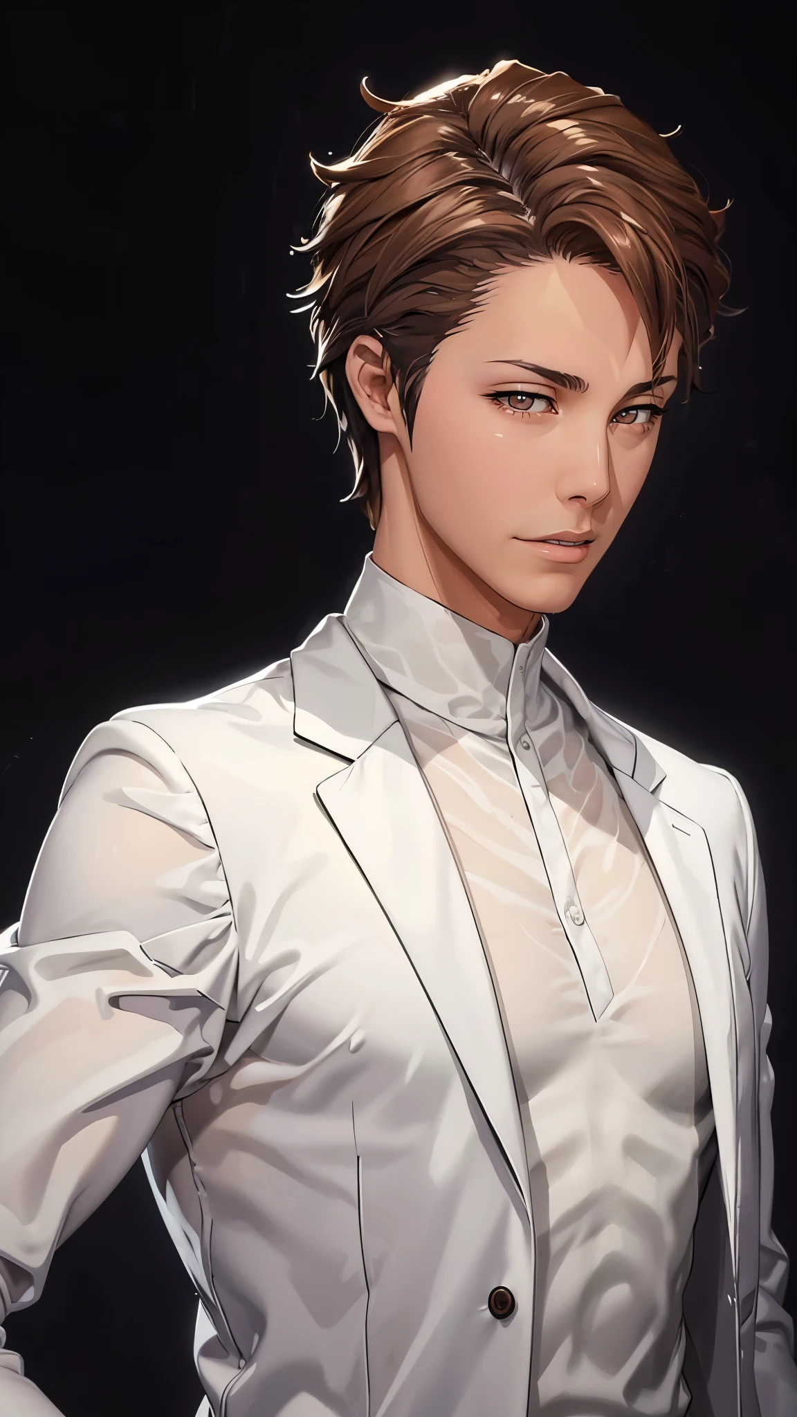 （（（完美figure，figure，man，solo，（（（White clothes，white coat，）））， （（（Aizen，Brown short hair, brown pupils,））），((masterpiece)),high resolution, ((Best quality at best))，masterpiece，quality，Best quality，（（（ Exquisite facial features，Looking at the audience,There is light in the eyes，(（（lol，confidence））)，））），型figure:1.7））），（（（Light and shadow，））），（（（Looking at the camera，black background，）））