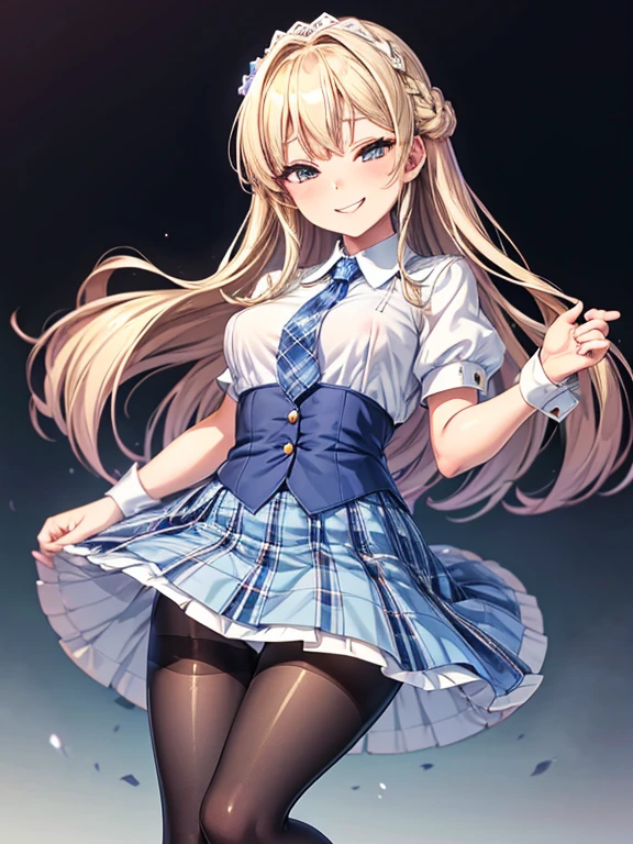 ((highest quality)), ((masterpiece)), (detailed), (Character Focus、breast focus,whole body), Anime 2D Rendering, Realistic young anime woman, Five Fingers, Perfect Face, Beautiful fine details, Beautiful body, Beautiful breasts, Beautiful thighs, (Smaller breasts)、Beautiful feet, (White beautiful skin), 、 16-year-o gine Gi Blonde、(Long Hair), ((Collared short-sleeved shirt, White shirt, Blue plaid pleated skirt, Blue tie))、(Black Pantyhose、loafers), Wicked Smile、((Grin))、garden、She turns her face and body towards the viewer,A pretty face and a charming smile,Are standing、