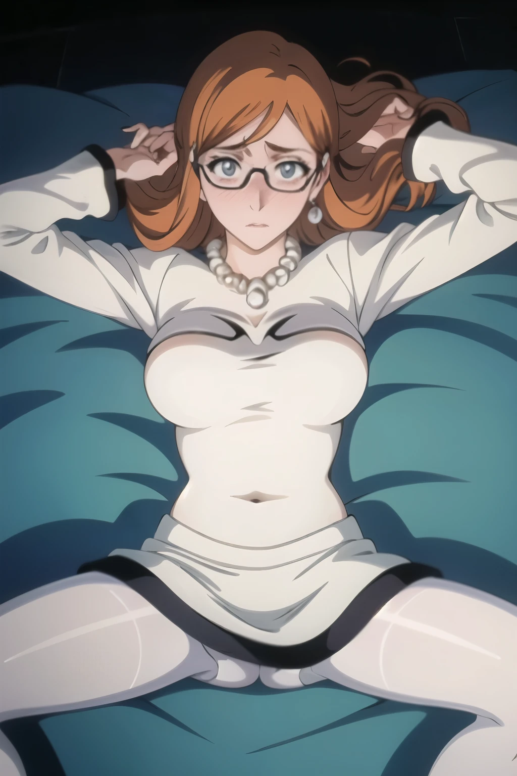 ((1girl)),masterpiece,best quality,masterpiece, ultra quality, high quality, beautiful detailed glow,film Reflection,
((smooth texture:0.75, realistic texture:0.65, realistic:1.1, Anime CG style)),
((from front,front face)),(lying back down:1.1),(from above:1.1), (plump thighs:1.1),((Voluptuous,glamorous,Leggy,Tall,hanging breasts,1 grandma)), (public hair:1.5),nipple,(pantyhose under public hair:1.3), (spread legs,open legs:1.6),arms up, Detailed beautiful eyes,looking at viewer,makeup,(full-face blush:1.3),(embarrassed:1.3),glasses, Long sleeves,mourning clothes,pearl necklace,pencil Skirt,pumps,pearl necklace,pearl earrings, on the bed,5 stars hotel,penthouse,