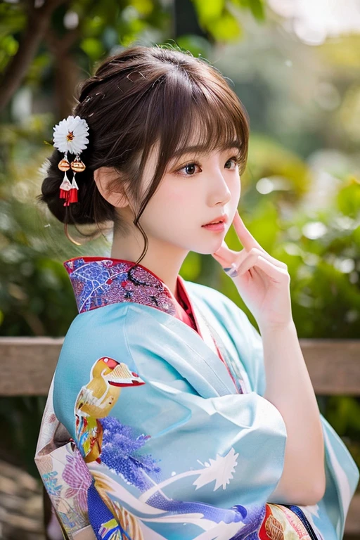 (Best image quality)、Ultra-Realistic Capture、19-year-old Japanese woman、Highly detailed eye resolution、cute、Semi-long hair、With bangs、ponytail、shrine、Natural light、Translucent white skin、The side of my hair is hanging over my cheek、hair ornaments、Duck mouth、kimono