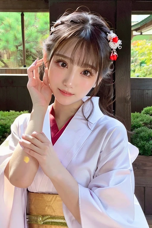 (Best image quality)、Ultra-Realistic Capture、19-year-old Japanese woman、Highly detailed eye resolution、cute、Semi-long hair、With bangs、ponytail、shrine、Natural light、Translucent white skin、The side of my hair is hanging over my cheek、hair ornaments、Duck mouth、kimono