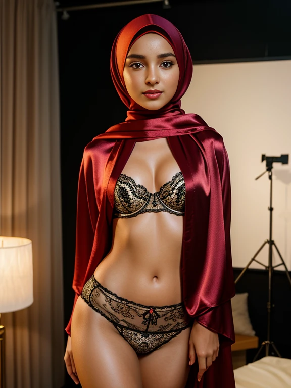 RAW, Best quality, high resolution, masterpiece: 1.3), Beautiful hijab girl as satin underwear model, Indoor photo studio (iu:0.8),
Best quality, high resolution, Masterpiece: 1.3, Gorgeous hijab-wearing model, Satin underwear, Indoor photo studio,
Masterpiece, Alluring pose, Realistic, 1girl, Charming hijabi model, Graceful movements, Intimate setting, Satin undergarments, Sensual expression, Soft focus, INDOOR PHOTO STUDIO.
Detailed description:
The photo studio is dimly lit, creating an intimate and mysterious