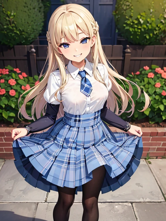 ((highest quality)), ((masterpiece)), (detailed), (Character Focus、breast focus,whole body), Anime 2D Rendering, Realistic young anime woman, Five Fingers, Perfect Face, Beautiful fine details, Beautiful body, Beautiful breasts, Beautiful thighs, (Smaller breasts)、Beautiful feet, (White beautiful skin), 、 16-year-o gine Gi Blonde、(Long Hair), ((Collared short-sleeved shirt, White shirt, Blue plaid pleated skirt, Blue tie))、(Black Pantyhose、loafers), Wicked Smile、((Grin))、garden、She turns her face and body towards the viewer，A pretty face and a charming smile，Are standing、