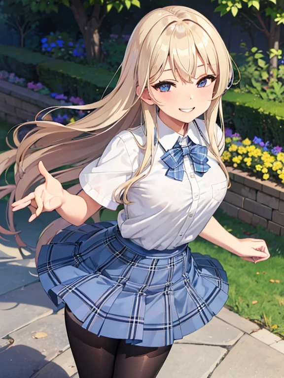 ((highest quality)), ((masterpiece)), (detailed), (Character Focus、breast focus,whole body), Anime 2D Rendering, Realistic young anime woman, Five Fingers, Perfect Face, Beautiful fine details, Beautiful body, Beautiful breasts, Beautiful thighs, (Smaller breasts)、Beautiful feet, (White beautiful skin), 、 16-year-o gine Gi Blonde、(Long Hair), ((Collared short-sleeved shirt, White shirt, Blue plaid pleated skirt, Blue tie))、(Black Pantyhose、loafers), Wicked Smile、((Grin))、garden、She turns her face and body towards the viewer,A pretty face and a charming smile,Are standing、