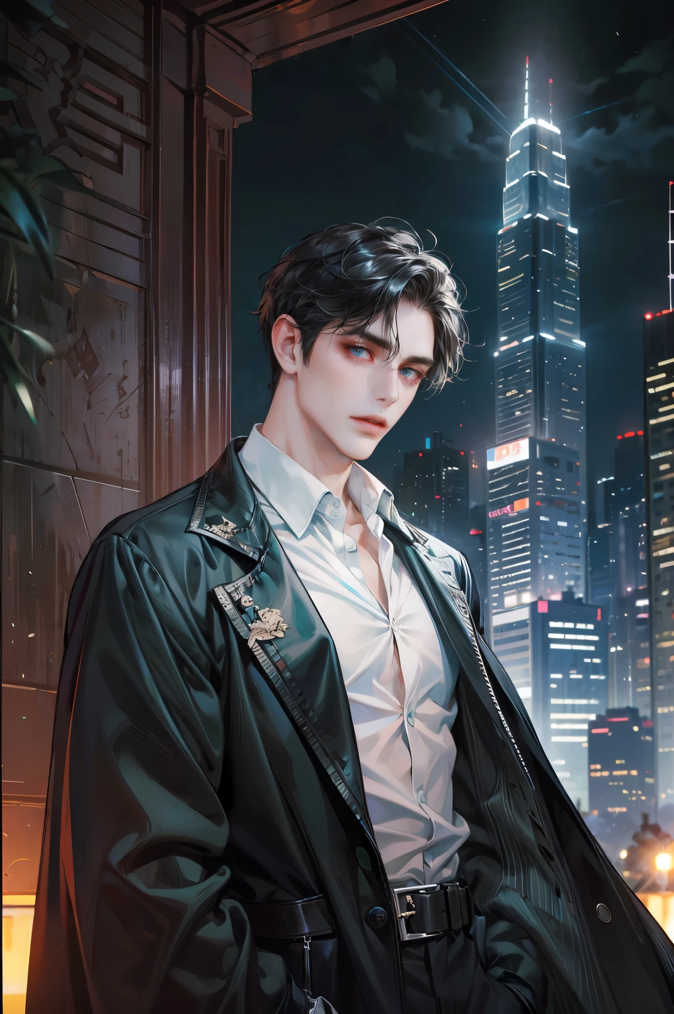 (absurdres, highres, ultra detailed, original character), 1 russian boy, solo, adult, handsome, ((tall muscular guy, broad shoulders)), finely detailed eyes, ((fluffy black hair)), hair between eyes, turquoise eyes, holographic, futuristic, casual outfit, black coat, gun holster, white shirt, large pecs, ((wearing a black earring)), cowboy shot, dutch angle, face focused, tower walled city scenery, dystopian hong kong city, skyscrapers, Cyan, Magenta, long face, closed mouth, looking at viewer, depth of field, bokeh