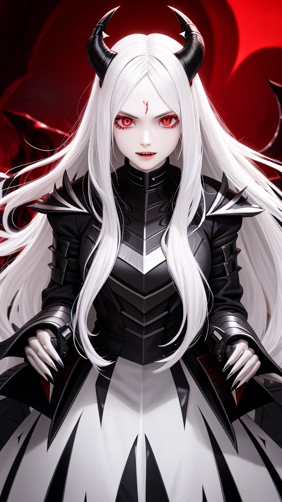 perfect face, long wavy white hair color, sharp eyes, dark red eyeballs, solo, demon, sharp teeth and fangs, sharp claws, general with armor clothing, profile picture, in hell background.