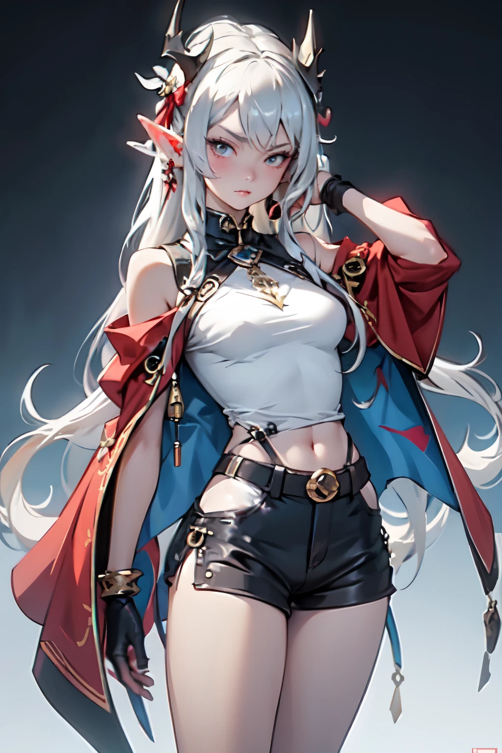 straight angle young beautiful with a serious expression on her face little elf vampire with long ashen hair light open dark top shorts slightly revealing the buttocks rag shoes without fasteners beautiful open breasts of the second size without a cloak full height in excellent quality