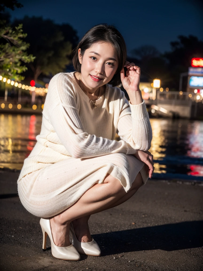 (RAW photo:1.2), (realistic:1.4),beautiful detailed woman,Highly detailed eyes and face, detailed eyes, super detailed,High resolution, very detailed,best quality,enlightenment,unified,8k wallpaper,master piece,best quality,1 woman,alone,rich,full body esbian,(A little chubby body type:0.9),Toned figure,There's meat on the legs,slim waist,alone,(beige knit,temperament knit skirt,high heels),jewelry necklace short hair,gentle smile,dignified atmosphere,black eye,Realistic,central park , (night park:1.1)、(43 years old、Japanese)
