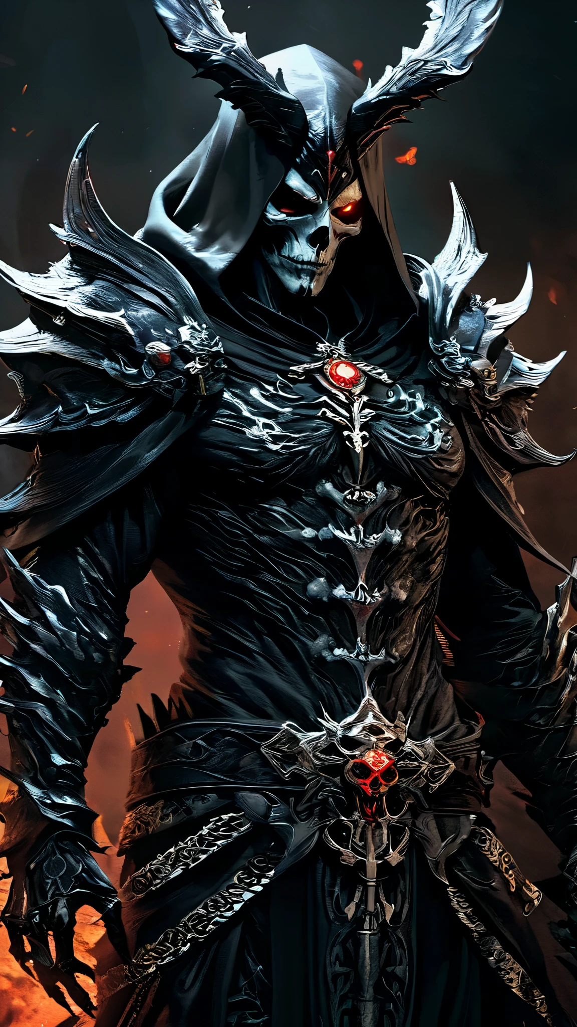 a closeup of a person in a demonic costume, demon soul concept art, diablo digital concept art, hermoso dios masculino de la muerte, Dark fantasy style art., armadura de demonio, tendencia en ArtStation, por Yang J.., diablo concept art, Detailed 2D digital fantasy art, demonio masculino humano, sartén chengwei en artstation, Caballero de la muerte