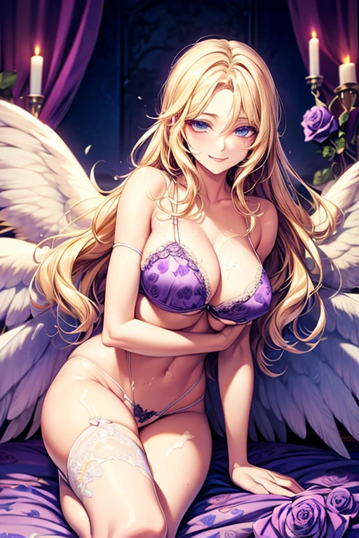 blonde hair, , blue eyes, angel wings, white wings, , , , beautiful body, masterpiece, smile, (((purple rose print lingerie))), hotel bedroom,Sexual Intercourse, ( in pussy),(breast milk)