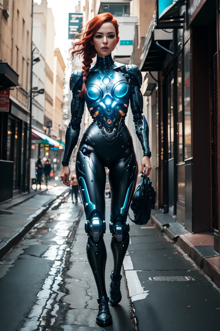 female cyborg walking in the street, french braid, red hair, (Best quality, 4K, 8 k, A high resolution, masterpiece:1.2), absurdity, masterpiece, ultra detailed, (realistic, photorealistic, photorealistic:1.37), complex parts, HDR, (complex parts:1.12), (hyper detailed, hyper realistic, Soft lighting, spicy:1.2), beautiful figure, Magnificent Anatomy, (complex part, Hyper detailed:1.15), Smooth skin,