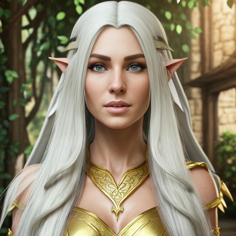 1 female elf with, pretty face, 35 years old, Ultra detailed face and eyes, hyperrealistic, realistic representation, wearing a long gold elf dress, dancing through an elf village, full body, She has long white hair