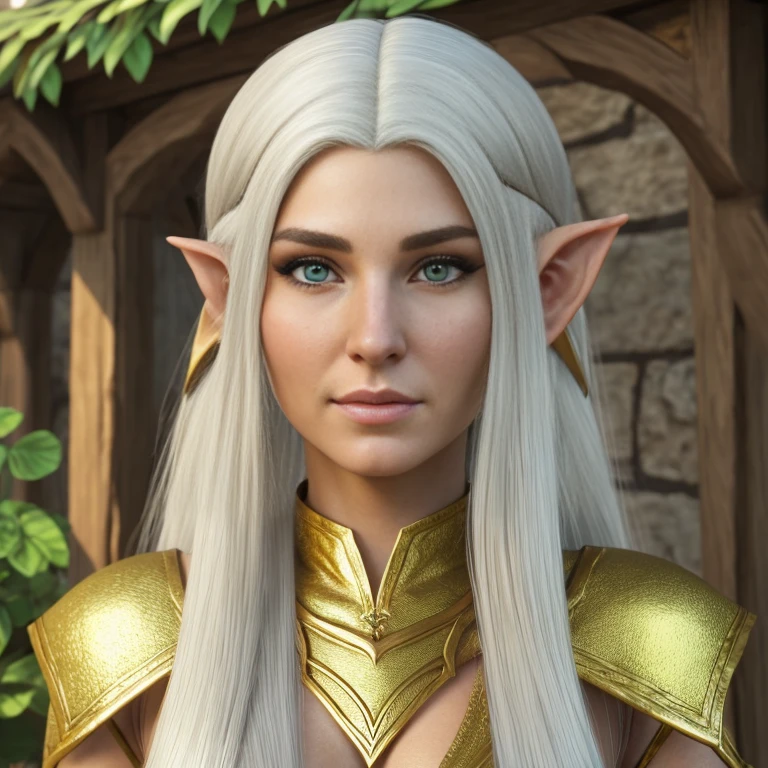 1 female elf with, pretty face, 35 years old, Ultra detailed face and eyes, hyperrealistic, realistic representation, wearing a long gold elf dress, dancing through an elf village, full body, She has long white hair