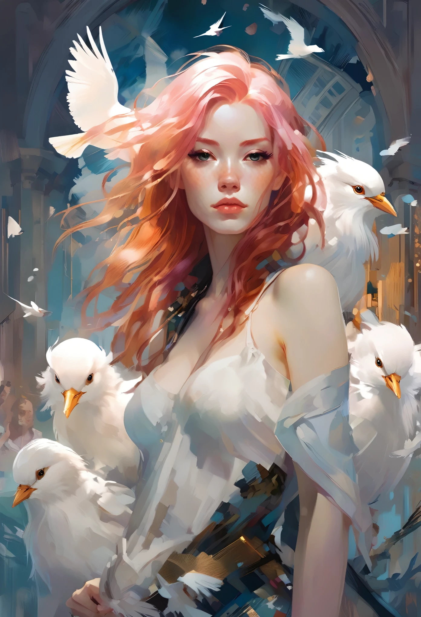 A queen with long pink hair and a bunch of white birds, loish and wlop, artgerm and james jean, red haired goddess, by loish, inspired by Ross Tran, james jean and wlop, cloud goddess, by Ross Tran, artwork in the style of guweiz, loish and ross tran, style of peter mohrbacher