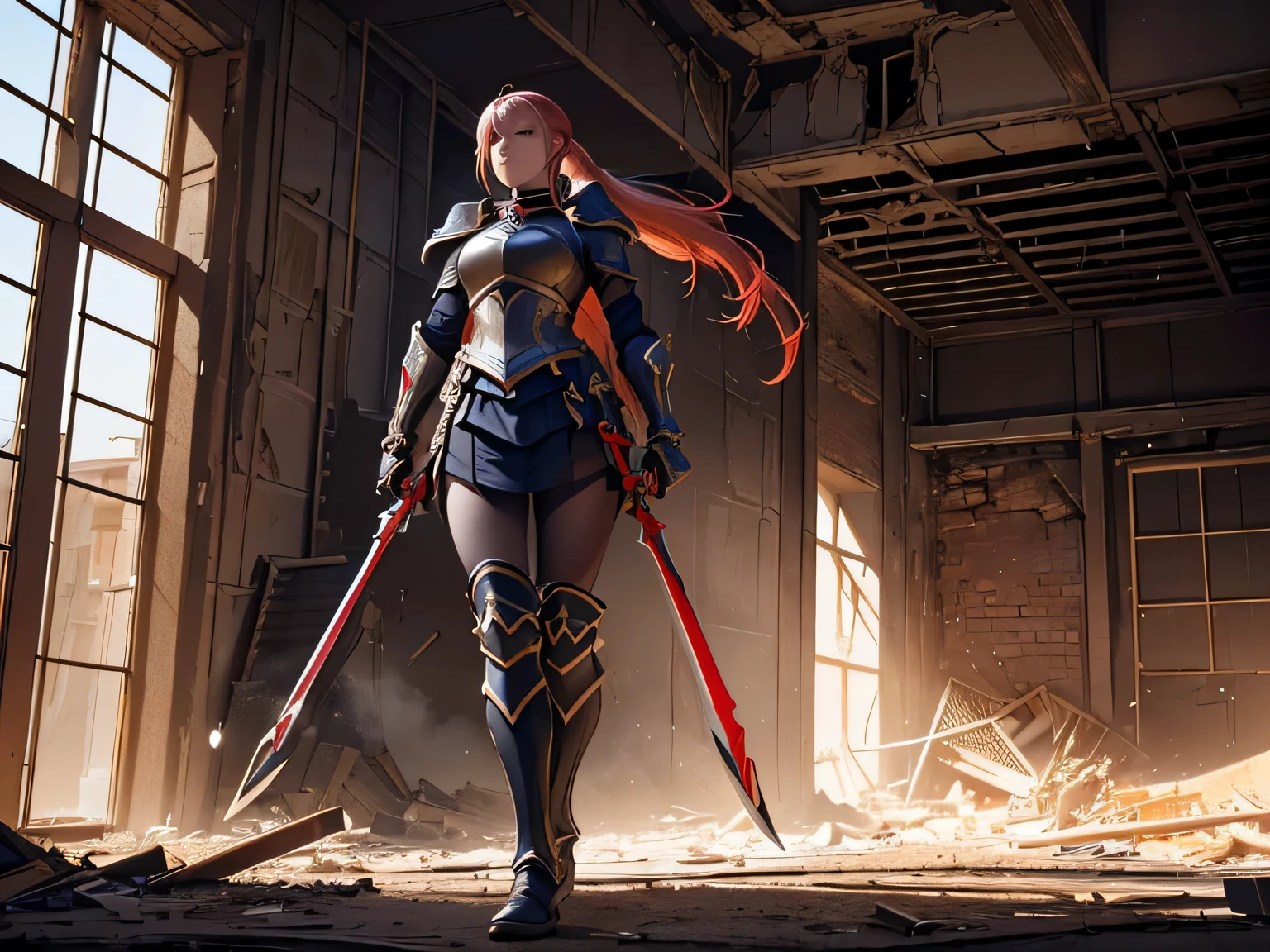 (best quality,4k,8k,highres,masterpiece:1.2),ultra-detailed,(realistic,photorealistic,photo-realistic:1.37), female knight with heavy armor with a two handed sword, blond and red hair, black and red armor, long ponytail,in a demolished building, dramatic lighting, fantasy concept art, vibrant colors, dynamic composition , skimpy armor, full body