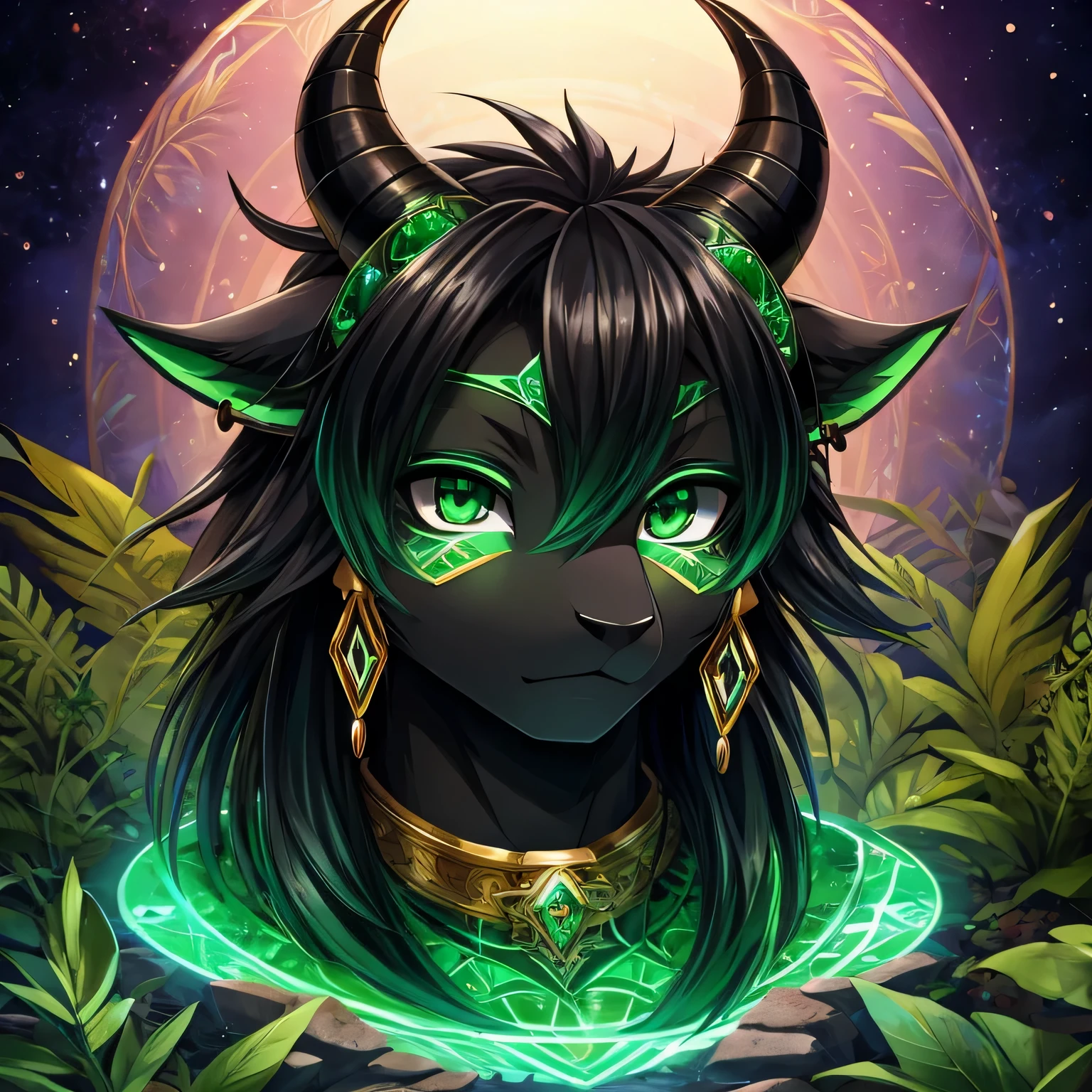 A black goat beastman with emerald green eyes.、Horizontal pupil、Beautiful glass circle earrings with plants trapped inside、The horns are mouflon、Jet black hair、Anime Style