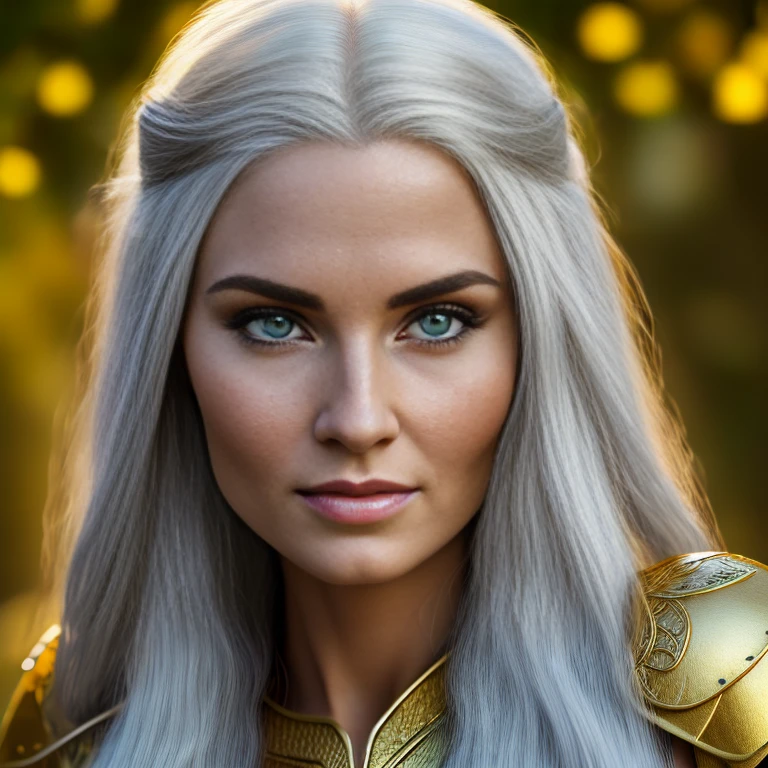 1 female elf with, pretty face, 35 years old, Ultra detailed face and eyes, hyperrealistic, realistic representation, wearing a long gold elf dress, dancing through an elf village, full body, She has long white hair