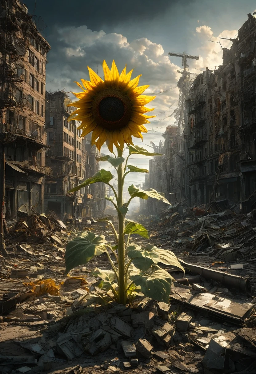 1girl, Post-Apocalyptic Wasteland, Giant sunflower growing from rubble, Scavengers digging through a post-apocalyptic city after the end of the world  Epic cinematic brilliant stunning intricate meticulously detailed dramatic atmospheric maximalist digital matte painting volumetric lighting concept art