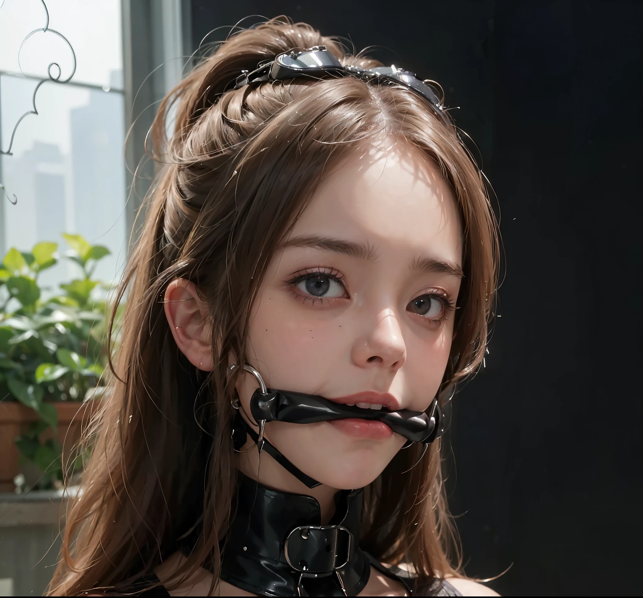 (masterpiece), (best quality), (ultra-detailed), (realistic, photo-realistic:1.2), woman,beauty,collar,ponygirl,bit gag,blush,embarrassed look,