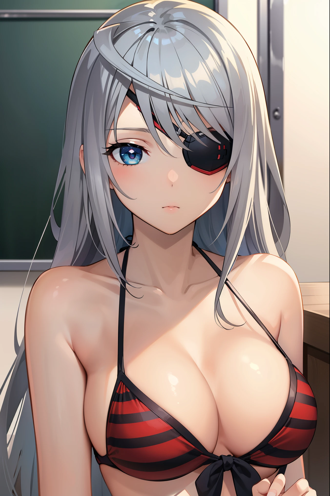 1girl, solo, looking at viewer, aalaura, long hair, eyepatch,
BREAK (striped bikini, red bikini, white bikini:1.2),
BREAK indoors, classroom,
BREAK looking at viewer, BREAK (masterpiece:1.2), best quality, high resolution, unity 8k wallpaper, (illustration:0.8), (beautiful detailed eyes:1.6), extremely detailed face, perfect lighting, extremely detailed CG, (perfect hands, perfect anatomy),