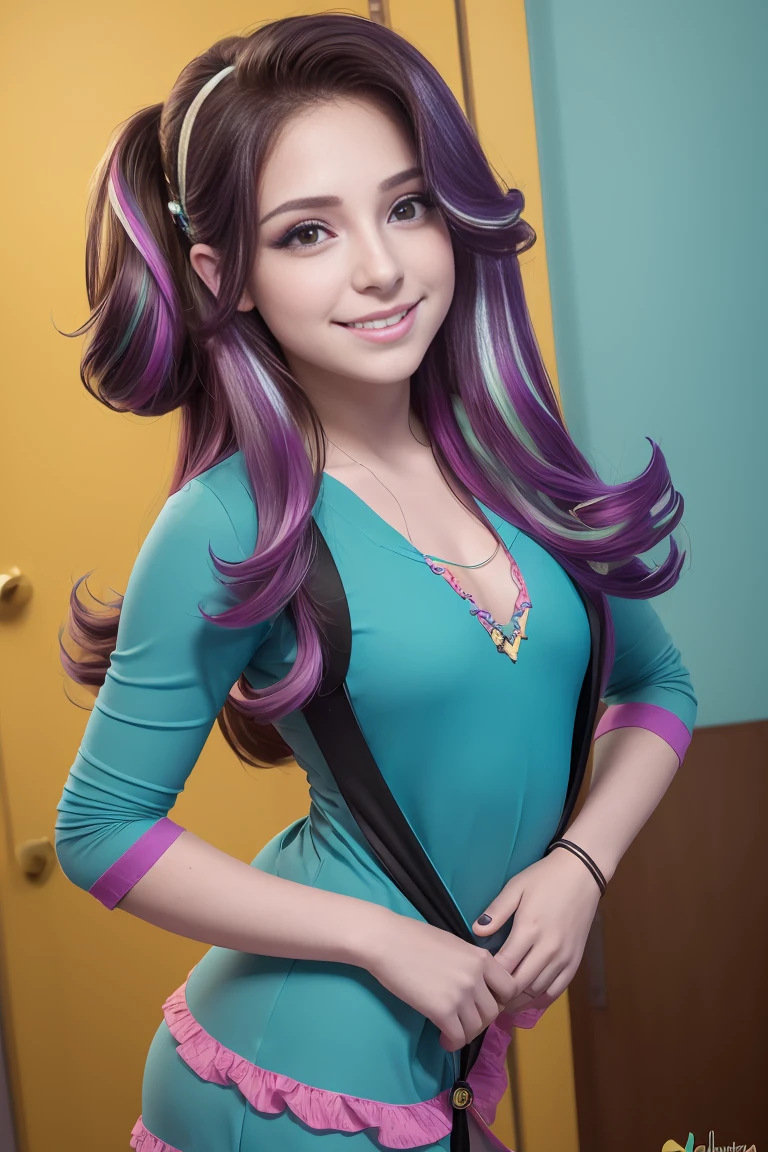 (Obra maestra, La mejor calidad:1.2), solamente, 1girl , hermosa chica adolescente europea , Caucasian , mlpshimmer, linda sonrisa , maquillaje , labios rojos , Mirando al espectador  , sunset shimmer , 18 years , hermosa chica adolescente , modelo adolescente , ojos color turquesa , dentro de, cuarto gamer ,  casa , foto de cuerpo completo  , hermoso vestido 