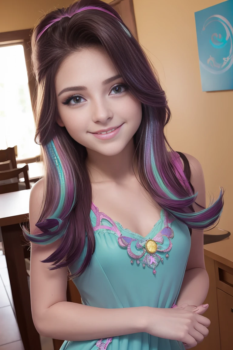 (Obra maestra, La mejor calidad:1.2), solamente, 1girl , hermosa chica adolescente europea , Caucasian , mlpshimmer, linda sonrisa , maquillaje , labios rojos , Mirando al espectador , sunset shimmer , 18 years , hermosa chica adolescente , modelo adolescente , ojos color turquesa , dentro de, cuarto gamer , casa , foto de cuerpo completo , hermoso vestido