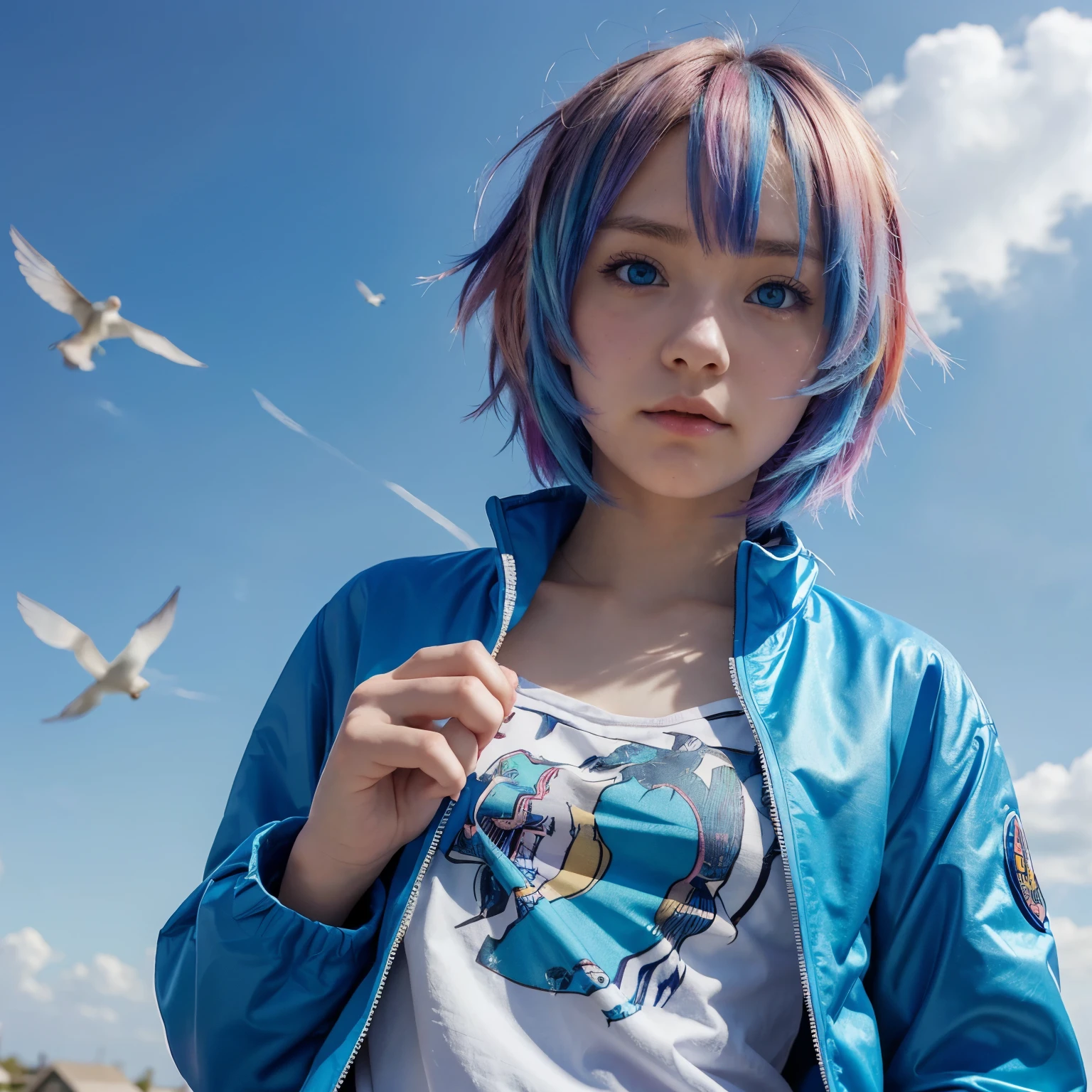 A detailed anime picture of a 16-year-old anime girl with short, dual-colored hair (dwell at the bottom and [COLOR] at the top). She has bright blue eyes and is wearing a sky blue colored jacket. There are birds flying in the background with an abstract colorful sky. The style is anime and the aspect ratio is 1:1.