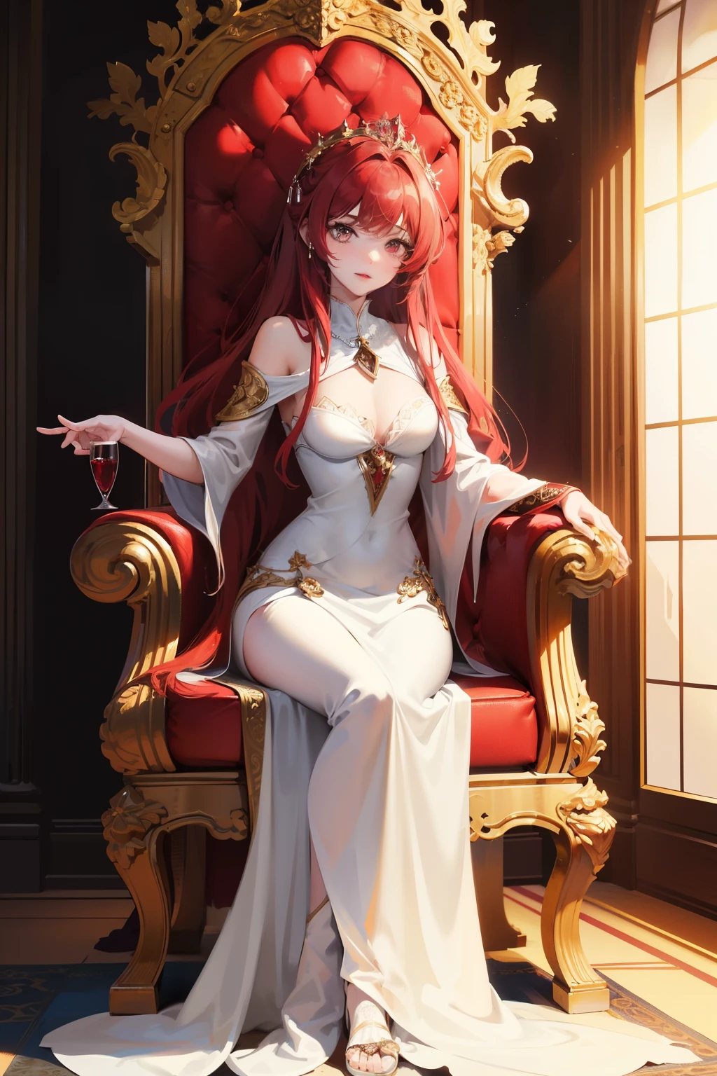 In the grandeur of a medieval throne room, a luxurious girl with ripe red hair and rosy eyes, her snowy-white skin glowing in contrast, sits majestically. Her attire, revealing yet demure, adds to her alluring aura. She raises a glass of rich red wine, its deep ruby color matching her captivating gaze, creating an atmosphere of mystery and charm within the ancient chamber. The intricately designed throne room walls, adorned with intriguing motifs and delicate carvings, serve as a breathtaking backdrop to this enchanting scene.