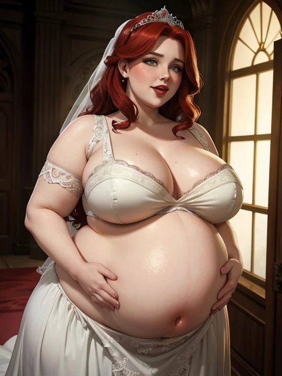 Pregnant triss merigold, red lipstick, bright green eyes, stressful, very excited, steamy, blushing, panting, tongue out, wedding dress, tiara, double chin, chubby body,, morbidly obese, fat, pregnant belly, pregnancy, big womb