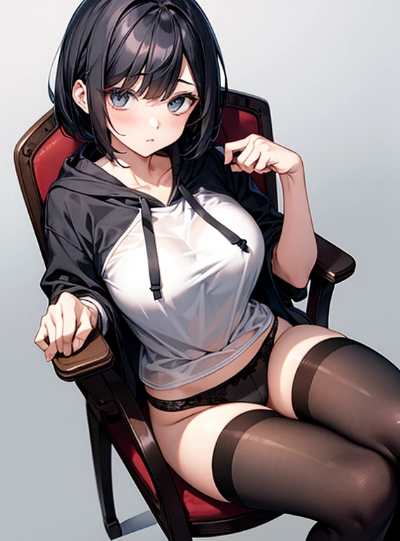 Cute Girls、Changing clothes、black tights、Short Bob、hoodie、tobacco、Sitting in a chair 、Showing her panties、Attractive breasts、See-through underwear