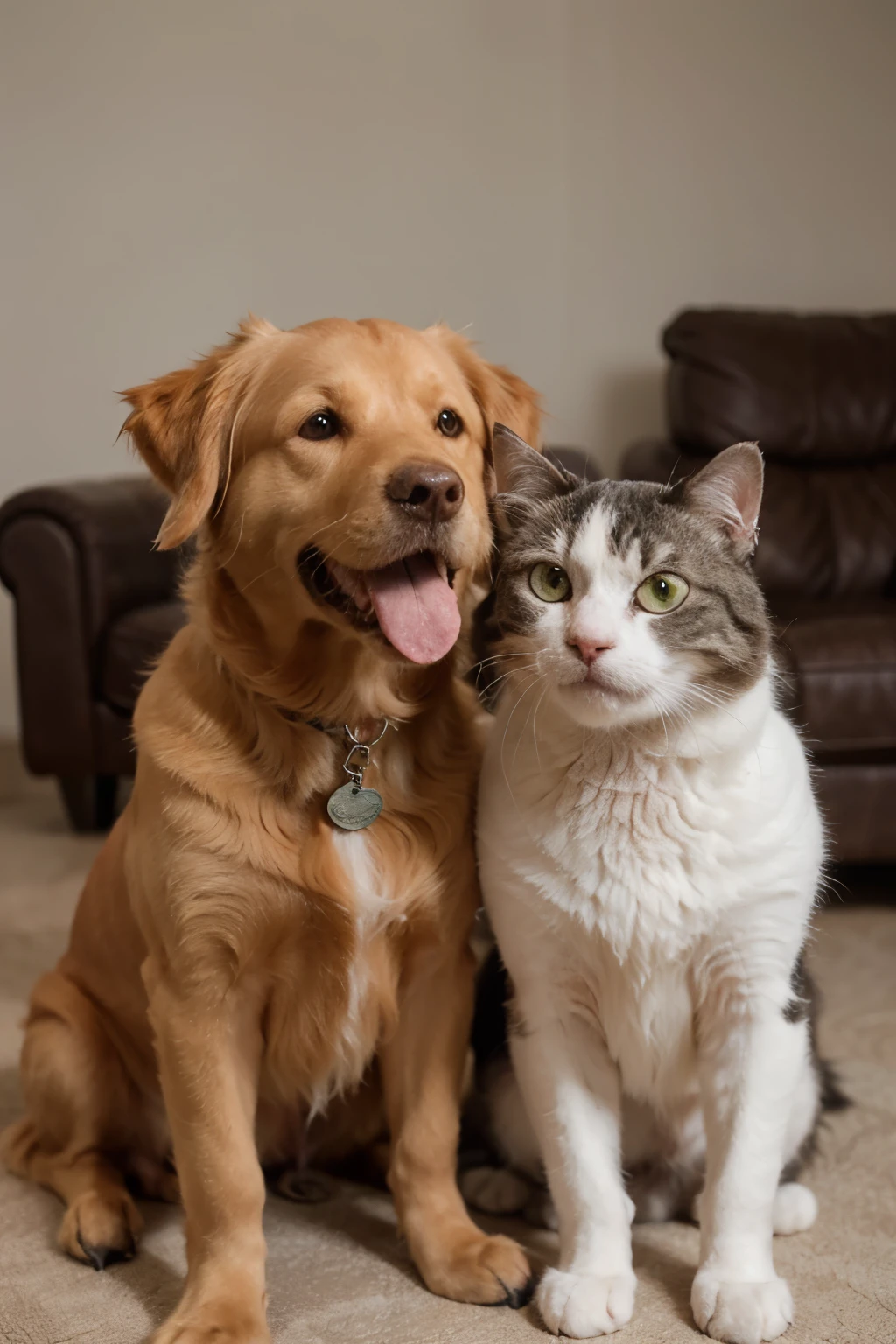 a picture of an annoyed serious looking fluffy cat and a happy hyper golden retriever dog. Posing like a cute couple. The dog licks the cat affectionally. Dog tag says "Alex". The cat's tag says "Keya"