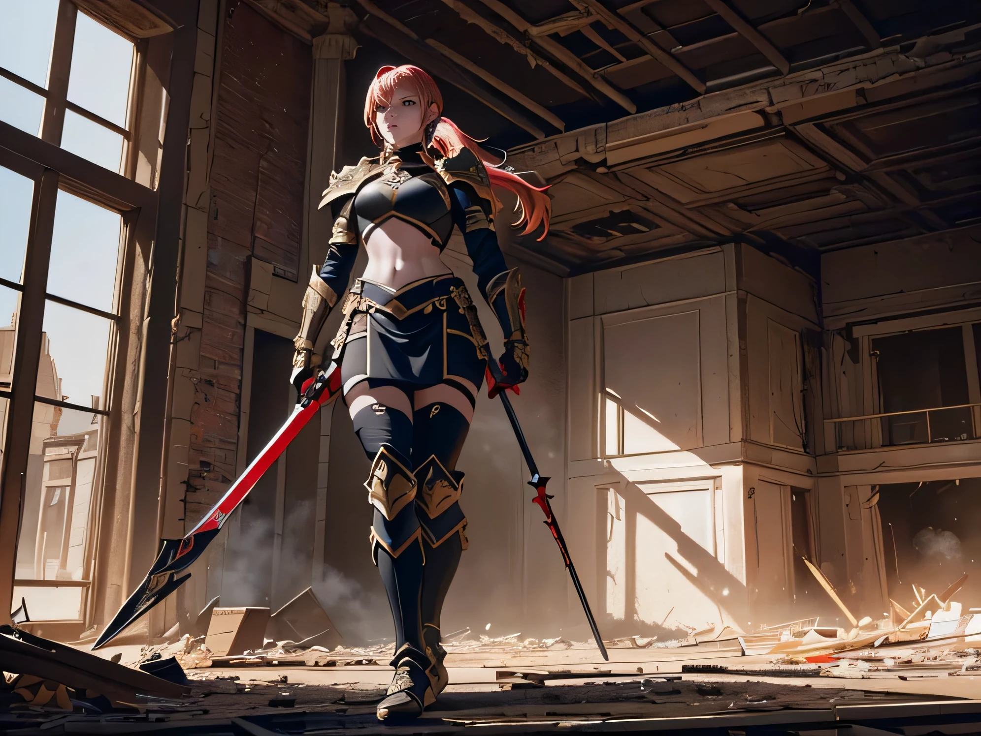 (best quality,4k,8k,highres,masterpiece:1.2),ultra-detailed,(realistic,photorealistic,photo-realistic:1.37), female knight with heavy armor with a two handed sword, blond and red hair, black and red armor, long ponytail,in a demolished building, dramatic lighting, fantasy concept art, vibrant colors, dynamic composition , skimpy armor, full body