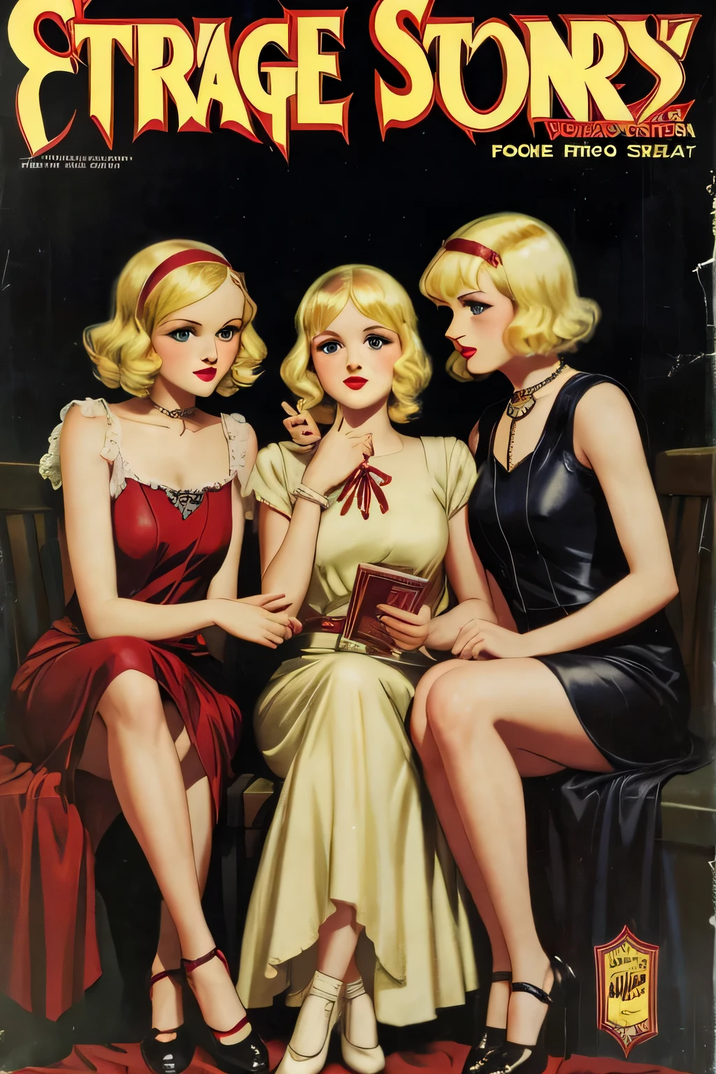 Cover Mystery Magazine Strange Stories Full Length Three Blonde Girls, Cute face full length , Girl poses for horror magazine cover Strange Stories , Magazine Era 1933, high quality,