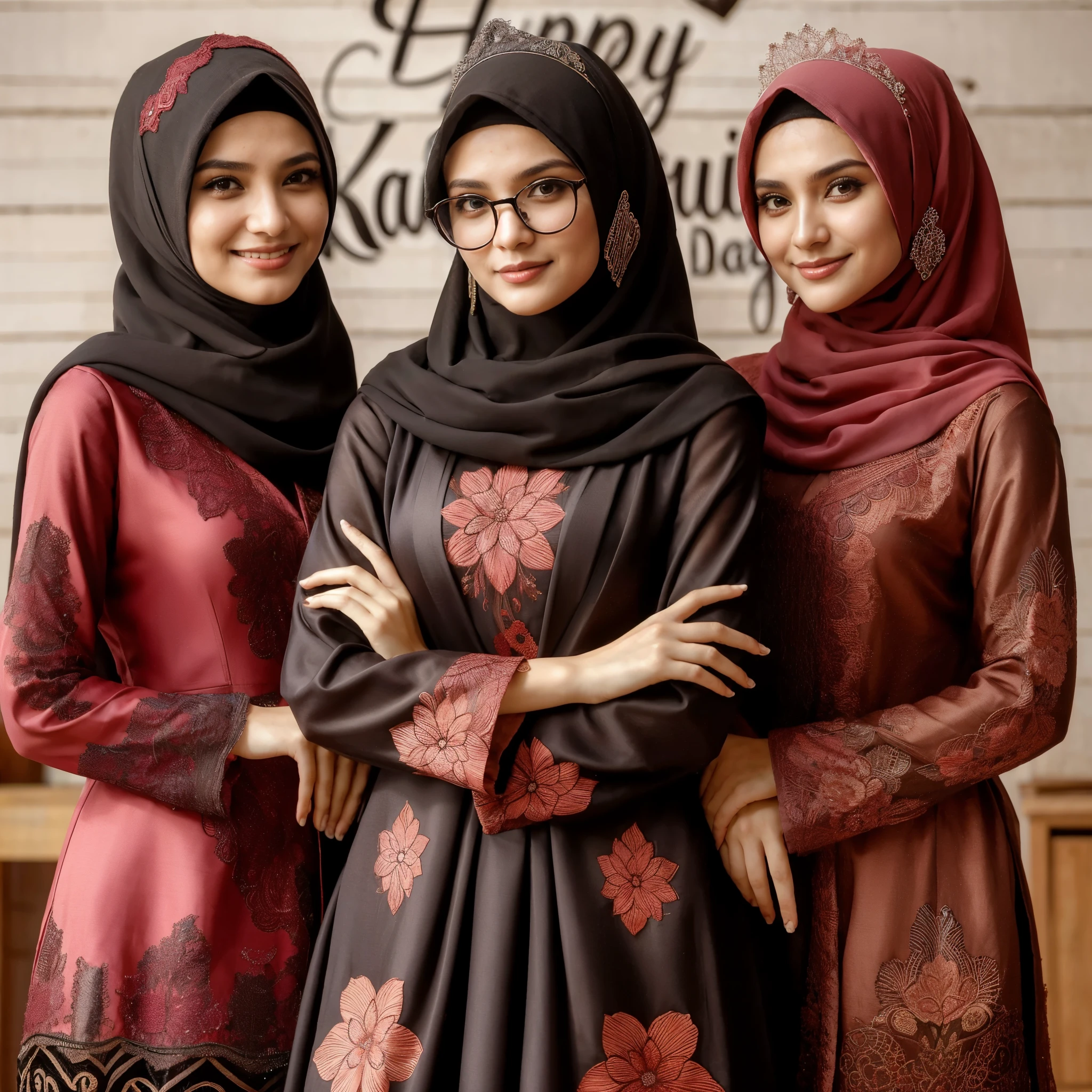 three women wearing hijabs stand in front of a wall, red and grey only, lovely, arabic, malaysian, hijab, sakimi, black and red silk clothing, emir, high quality portrait, beautifully, islamic, modest, black and red only, red + black + dark blue + beige, muslim, inspired by Nazmi Ziya Güran