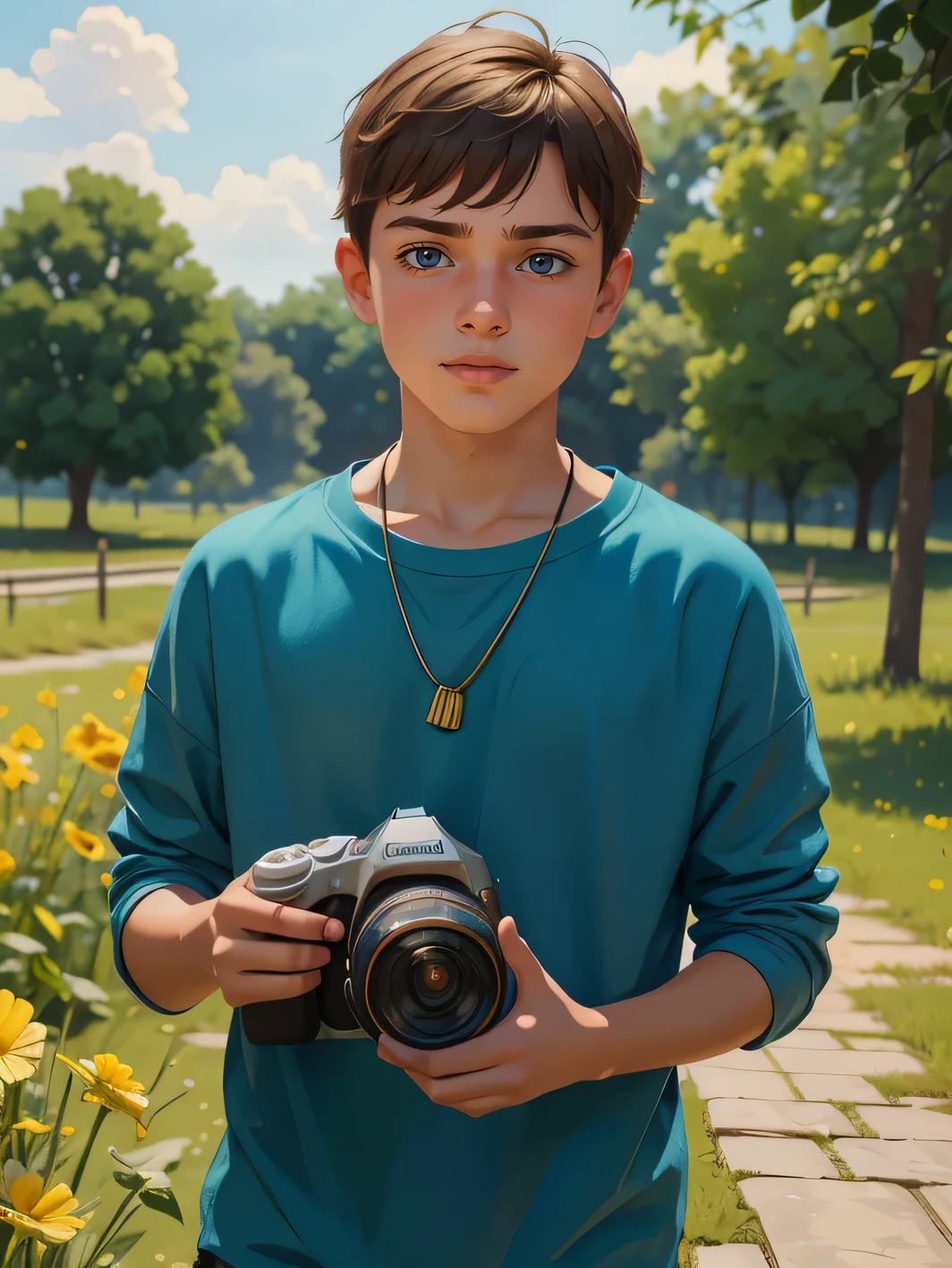 (cute, beautiful) Ukrainian (teen boy), (wearing) (loose summer outfit), [holding camera]. (Optimistic).

(Photorealistic), (vivid colors), (ultra-detailed), (masterpiece:1.2), [studio lighting].

Please generate the Stable Diffusion prompt directly without adding any prefix.