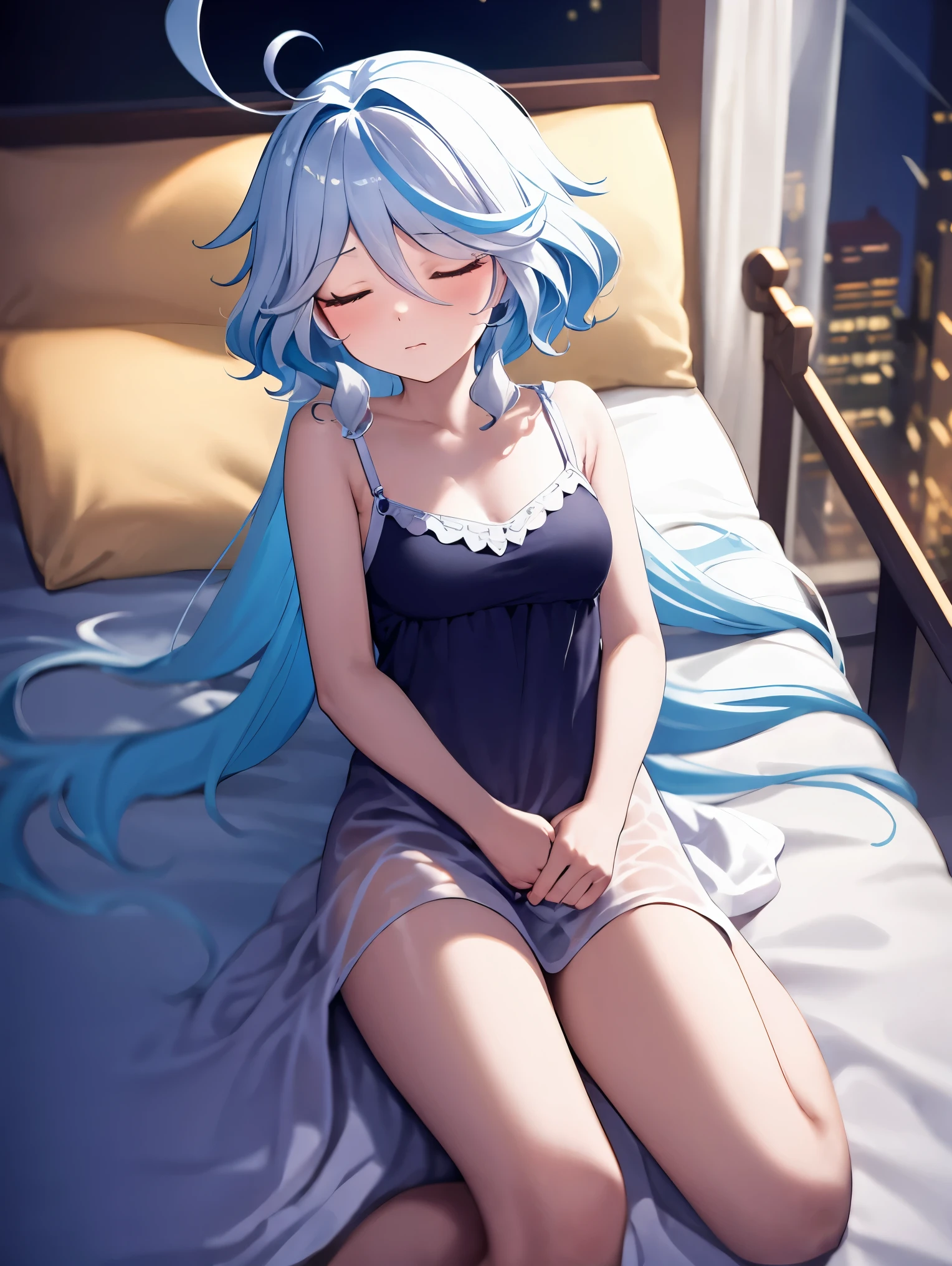 ((masterpiece,best quality)), highres, 1girl, solo, furina, nightgown, bare legs, on bed, sleeping, closed eyes, laying on bed