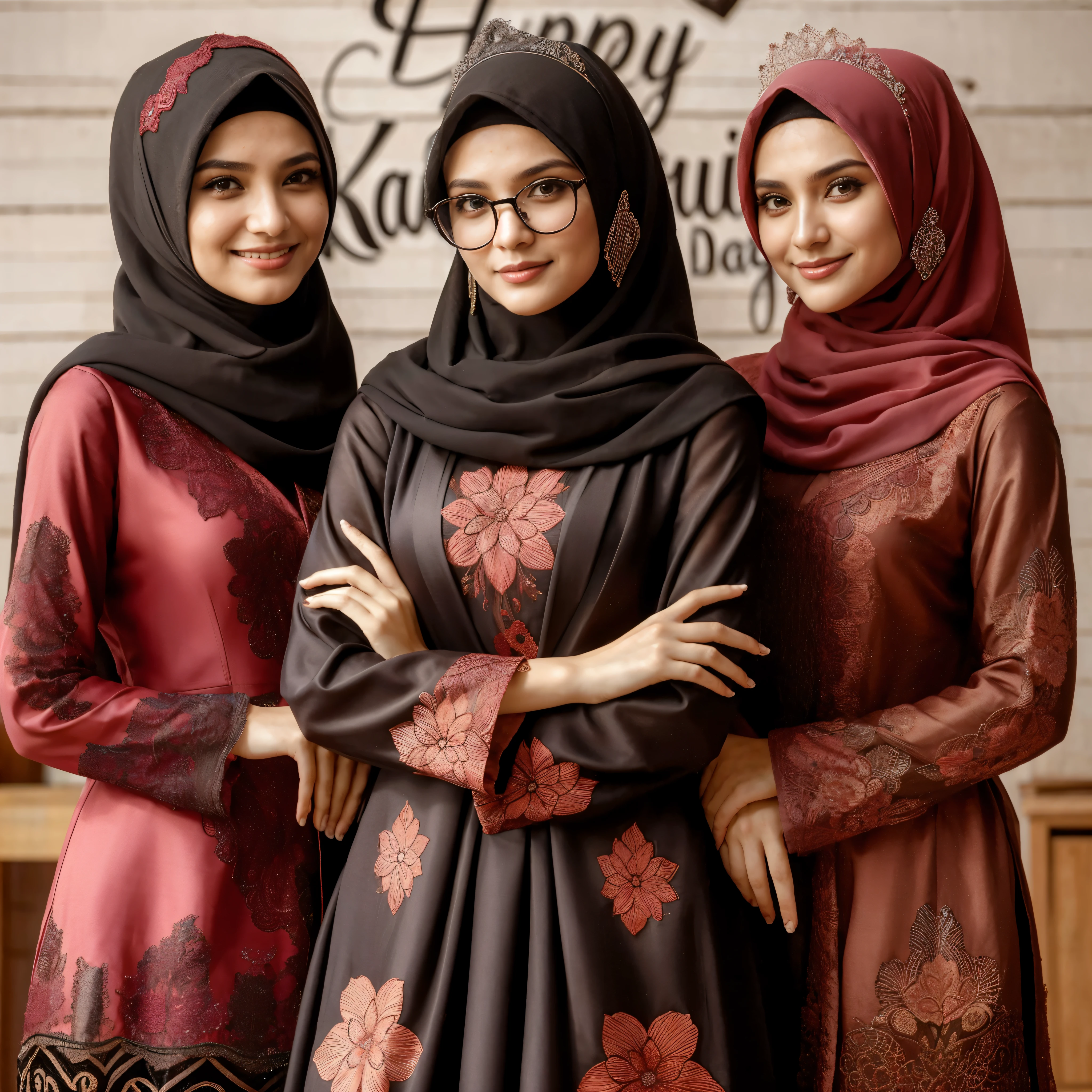 three women in hijab pose for a picture in front of a happy muslim day sign, hijab, inspired by Fathi Hassan, sakimi, kawaai, lovely, inspired by Shaddy Safadi, cute woman, inspired by Naza, wonderful, inspired by Nazmi Ziya Güran, malaysian, 3 0, beautiful design, high quality portrait, beautiful lady