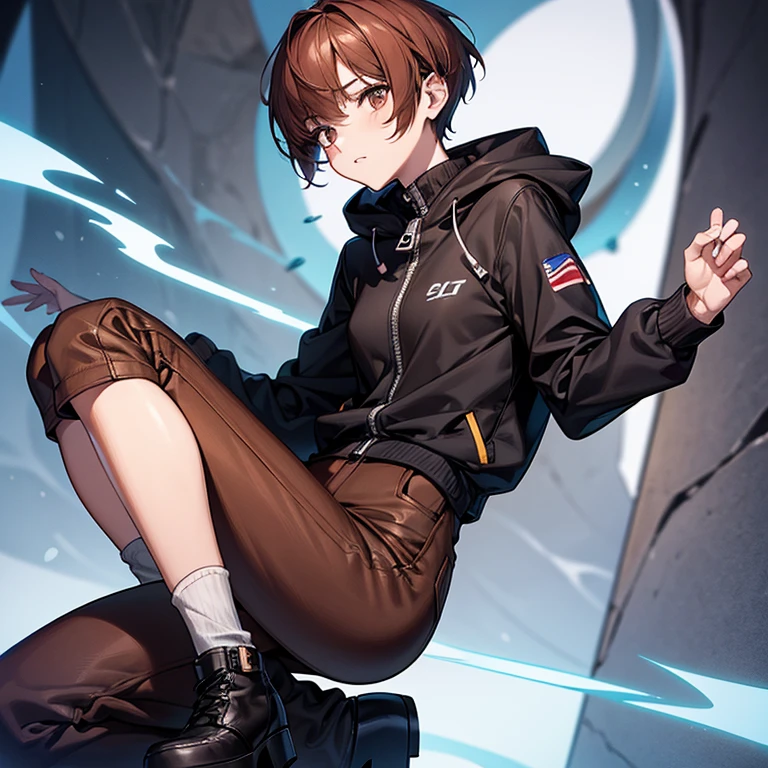 masterpiece、Subtle details、Slender beauty、Put on the hood、slim、Small breasts、Sharp eyes、younger sister、Pixie Cut、Short nape、Oversized zip-up jacket(hoodie)、Tight skinny pants、Platform boots、Reddish brown hair、