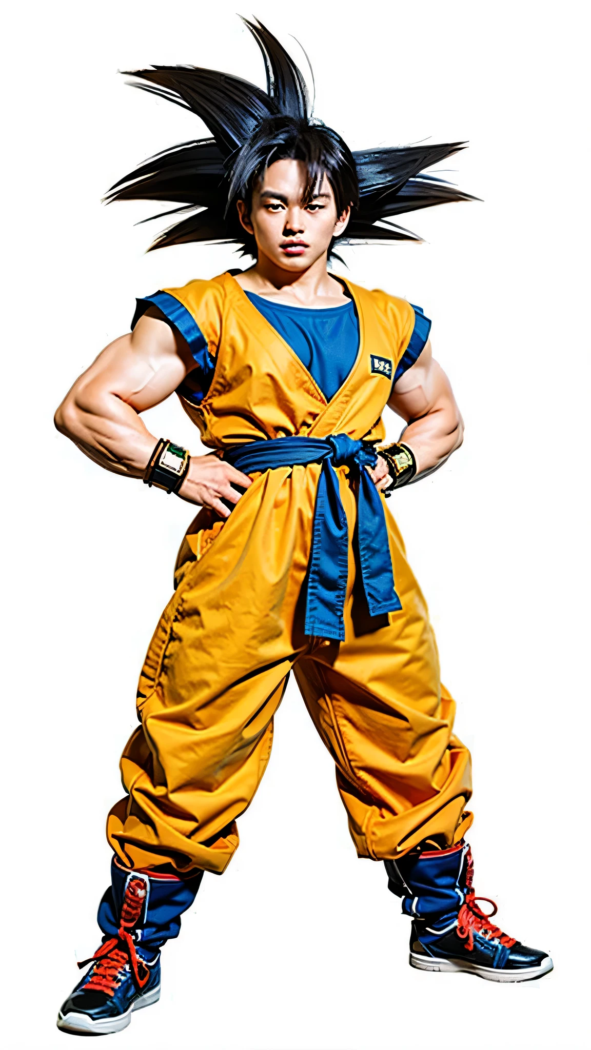 a strong 25 year old Asian with Goku hair, and Goku clothing