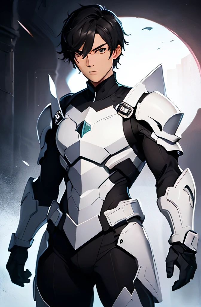 Handsome　Black short hair　looking at the camera　Stern face　　White Armor　Full body portrait