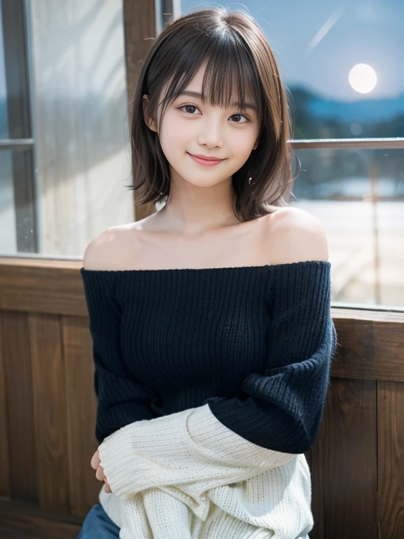 Tabletop, highest quality, 8k, 18-year-old, 10th Generation, Primary school students,Young Face,RAW Photos, Absurd, Award-winning portrait, smile, blush,alone, (night:1.8), Idol's face, Delicate girl,Delicate body, Upper Body, Digital single-lens reflex camera, Looking at the audience, Frank, Sophisticated,Thin arms, Thin body,Tap on the shoulder,Professional Lighting, Film Grain, chromatic aberration, (Eye and facial details:1.0), Black-haired , Shortcuts,bangs,Drooling eyes , Moderately large breasts,valley,Knitted Products,White knitwear,texture,Exposure,shoulders protruding,Tight clothing,(Off the shoulder),胸のvalley間,I can see your chest,((Your shoulders are beautiful)),((valley間が見える)),The fabric area is reduced,Highly revealing,she wants to see her skin,((胸のvalley間)),Hands behind head
