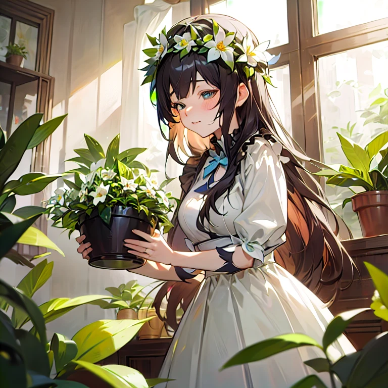 anime girl in white dress holding a potted plant in front of a window, guweiz, artwork in the style of guweiz, marin kitagawa fanart, kawacy, guweiz on pixiv artstation, hestia, guweiz on artstation pixiv, guweiz masterpiece, with flowers, anime moe artstyle,  in dress