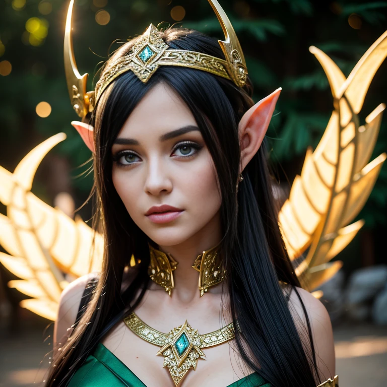 1 female elf with, pretty face, 35 years old, Ultra detailed face and eyes, hyperrealistic, realistic representation, wearing a long gold elf dress, dancing through an elf village, full body, She has long black hair